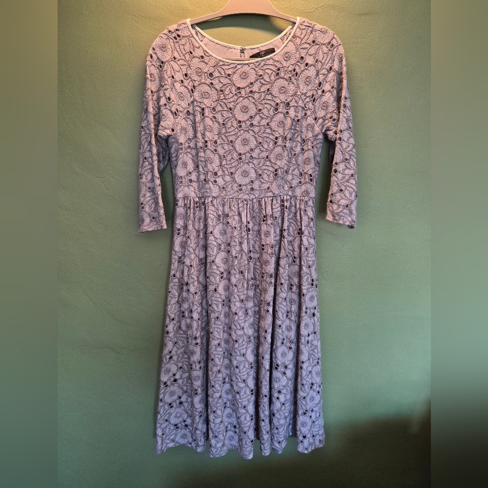 Tibi Dress Size 10 Wool Silk Embroidered Eyelet Midi Fit Flare Gray